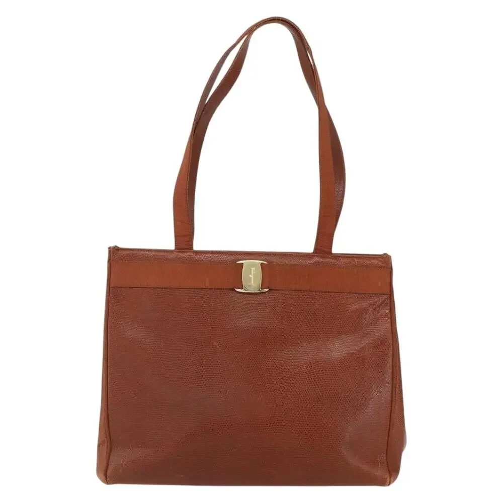 Salvatore Ferragamo Leather Embossing Vara Tote Bag Brown